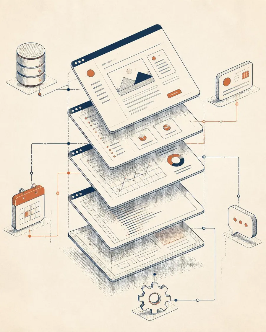 Editorial diagram of a VisionWeb website operating like an app, connected to CRM, payments, bookings and AI systems
